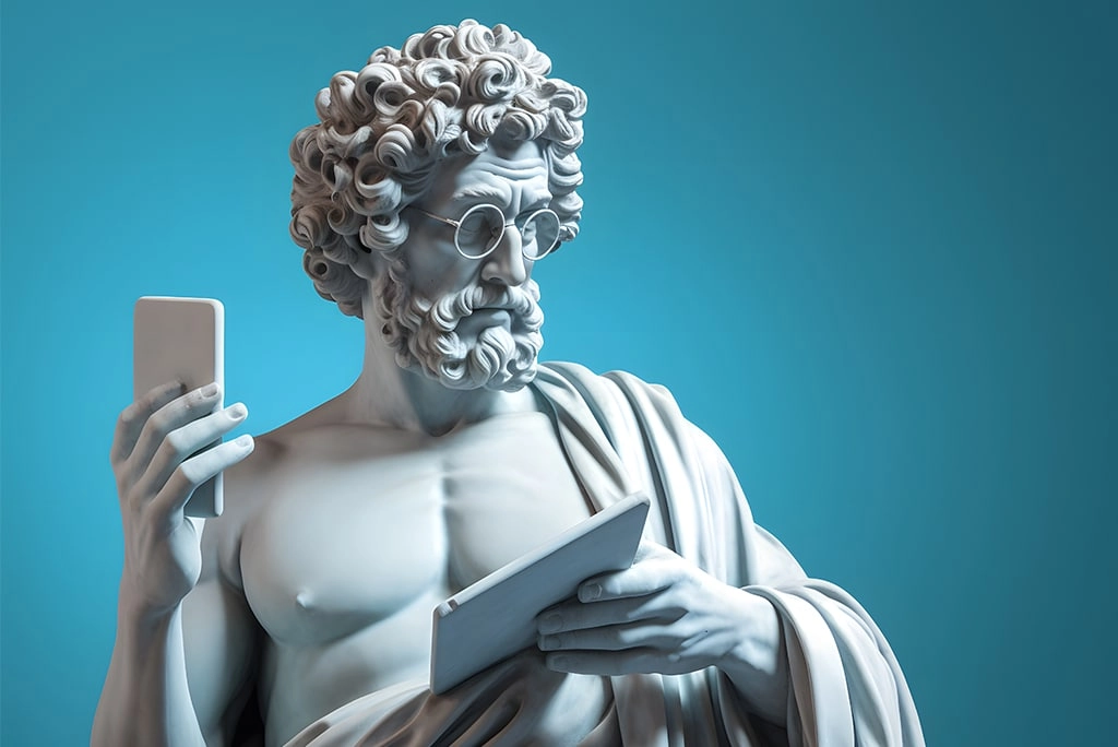 Escultura de Sócrates "moderno", reflexionando sobre "dónde estudiar filosofía" para desarrollar su conocimiento. Imagen que invita a conocer esta carrera universitaria.