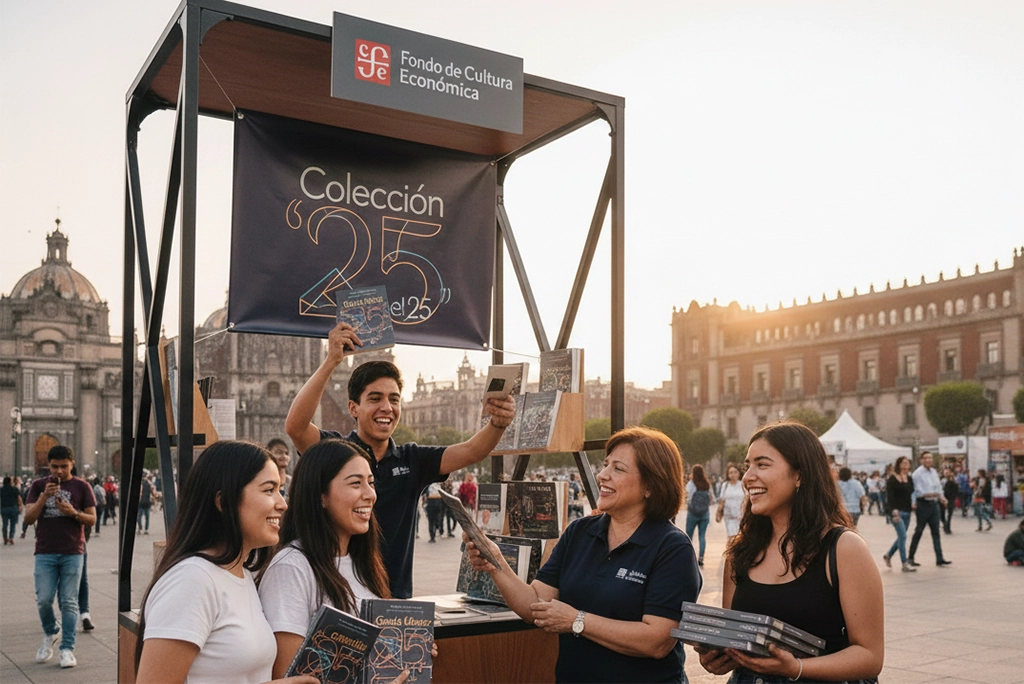 Jóvenes sonrientes recibiendo libros de Gabriel García Márquez gratis en un stand del Fondo de Cultura Económica instalado en el Zócalo de la Ciudad de México con la colección '25 para el 25'.