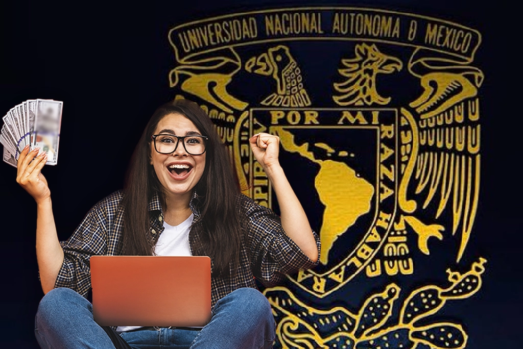 Estudiante universitario revisando la lista de becas UNAM 2025-2026 en una tablet, mostrando interés y organización.