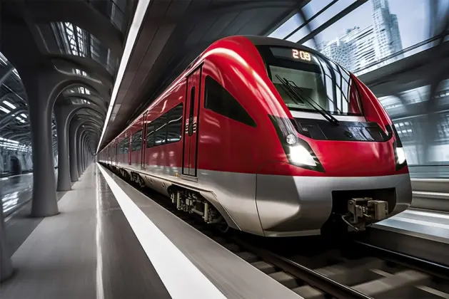 Moderno tren rápido rojo transitando por una estación futurista con arquitectura de diseño vanguardista.