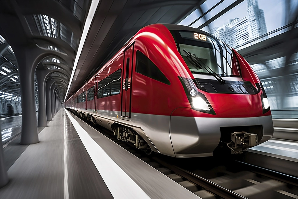 Moderno tren rápido rojo transitando por una estación futurista con arquitectura de diseño vanguardista.