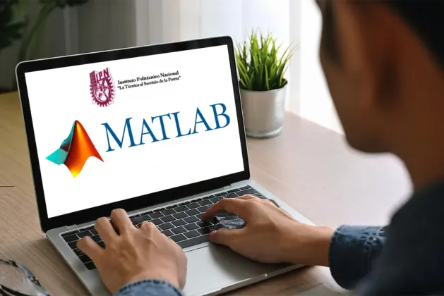 Joven en computadora descargando el software MATLAB de acceso gratuito