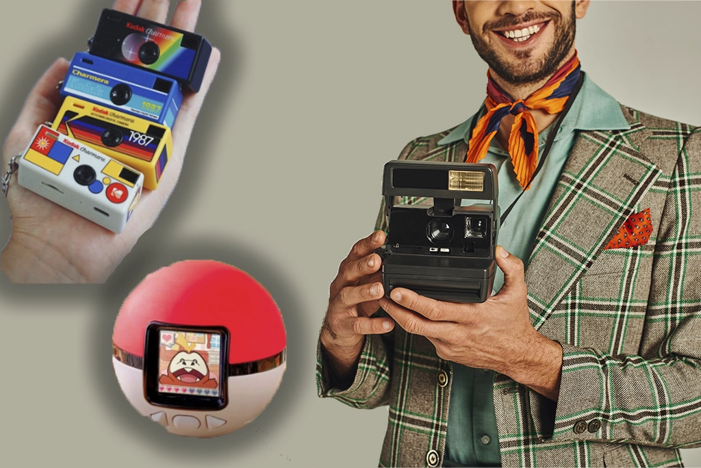 Collage juvenil con moda, música y gadgets vintage que ejemplifica por qué lo retro está de moda en la actualidad