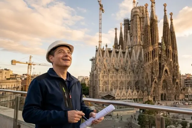 arquitecto mexicano Mauricio Cortés Sierra con casco blanco y mirada segura, posando frente a la imponente torre de Jesucristo de la Sagrada Familia. La imagen refleja el orgullo del talento latinoamericano en una de las obras arquitectónicas más importantes del mundo.
