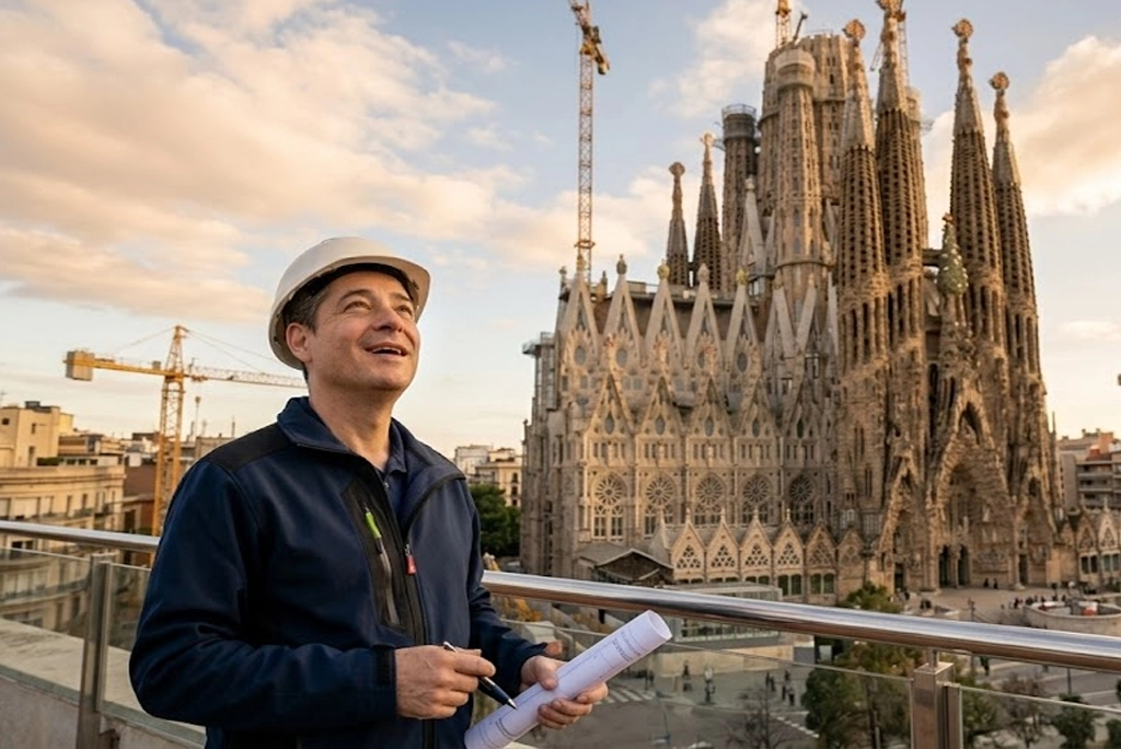 arquitecto mexicano Mauricio Cortés Sierra con casco blanco y mirada segura, posando frente a la imponente torre de Jesucristo de la Sagrada Familia. La imagen refleja el orgullo del talento latinoamericano en una de las obras arquitectónicas más importantes del mundo.