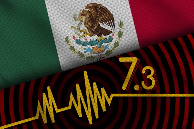 Imagen de la bandera de México y el símbolo que representa el registro de escala richter en los sismos de México y el mundo.
