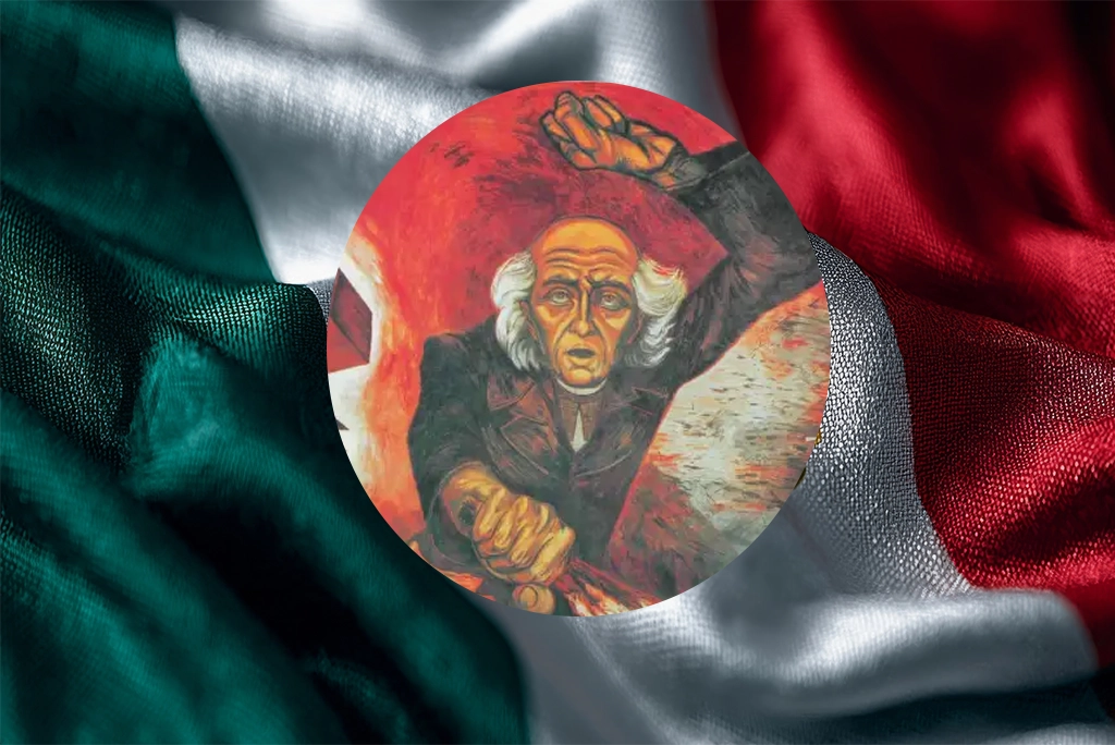 Ilustración satírica de los mitos de la historia de México: Hidalgo, Juárez y los Niños Héroes en un estilo caricaturesco