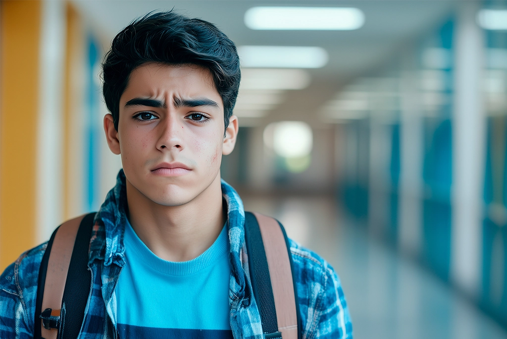 Joven preocupado pensando ¿qué hago si no apruebo examen? con opciones educativas en pantalla