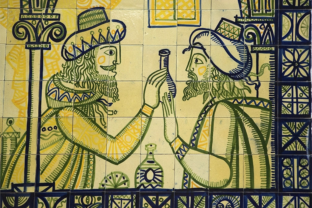 Ilustración de estilo árabe con dos figuras conversando, representando la influencia de las palabras árabe en la cultura y el idioma español.