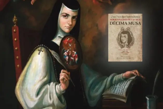 Retrato ilustrado de Sor Juana Inés de la Cruz, la Décima Musa, en el convento de San Jerónimo rodeada de libros.