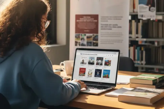 Estudiante utilizando el Portal de Revistas Académicas UAM en una laptop, con logos de la universidad