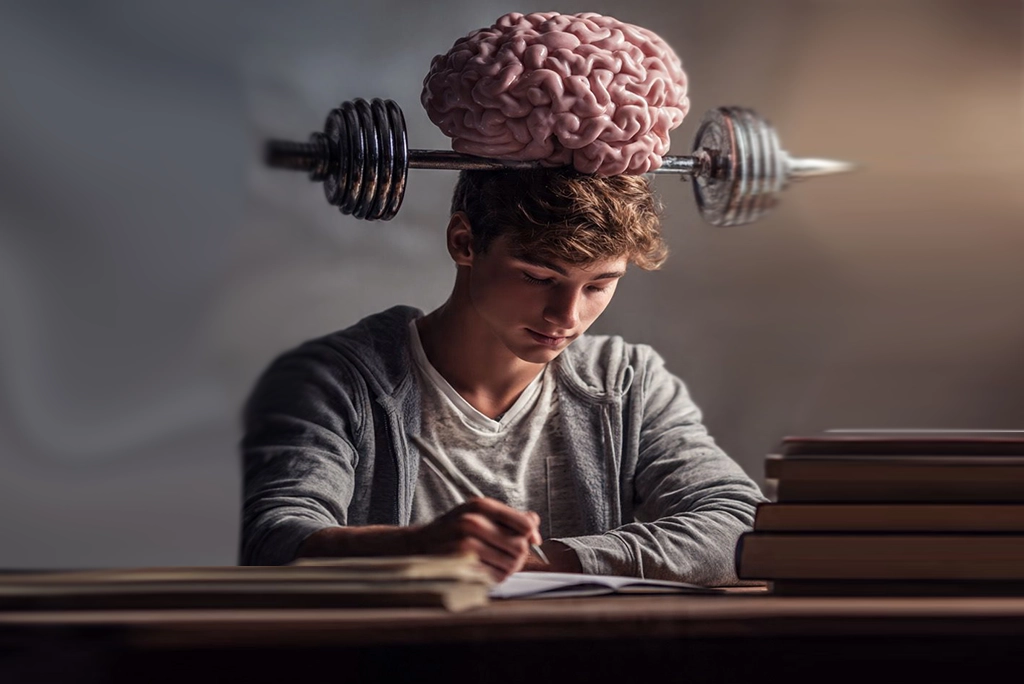 Joven universitario realizando un ejercicio de gimnasia cerebral, specifically el "gateo cruzado", en un entorno casual y moderno, representando la técnica para mejorar la concentración y la memoria.