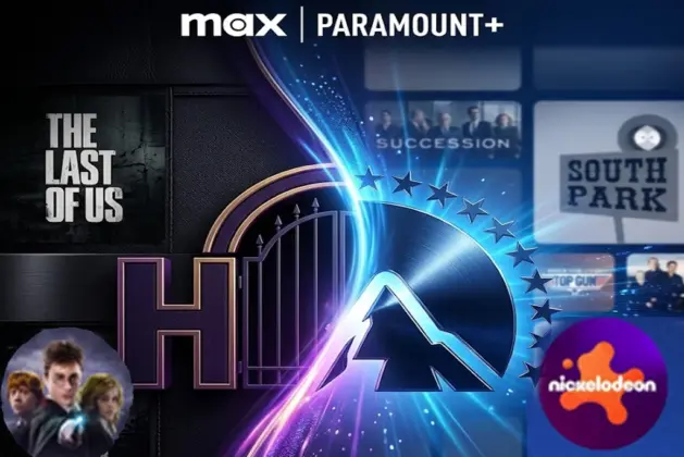 Collage digital que simboliza la fusión de streaming, mostrando el logo clásico de HBO Max integrándose con la montaña de Paramount, aludiendo a los cambios suscripción HBO MAX y la unión de catálogos.
