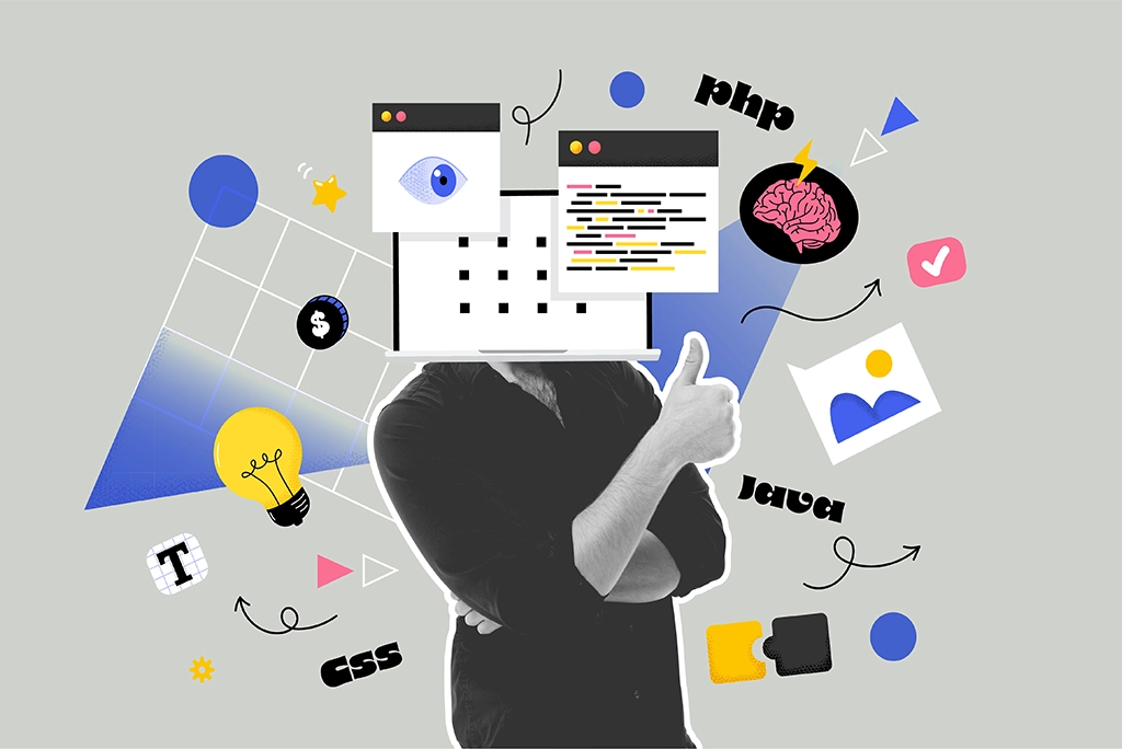 Ilustración creativa de un diseñador web rodeado de iconos que representan herramientas de programación y diseño, como CSS, Java y PHP.