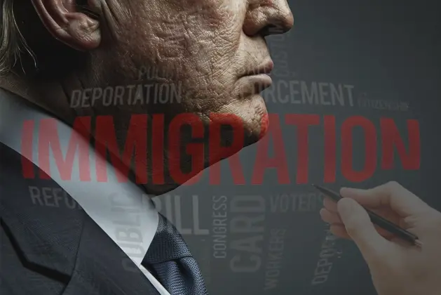 Primer plano del rostro de Donald Trump con palabras como "inmigración" y "deportación" en el fondo, simbolizando temas críticos en su presidencia.