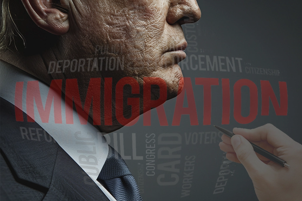 Primer plano del rostro de Donald Trump con palabras como "inmigración" y "deportación" en el fondo, simbolizando temas críticos en su presidencia.