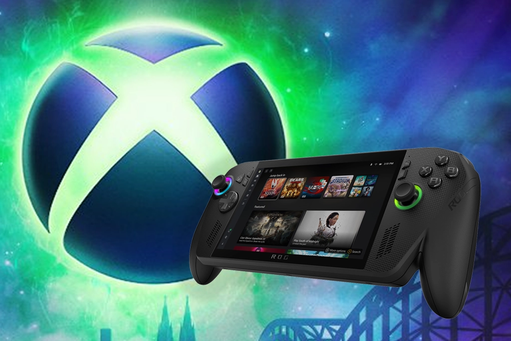 Imagen renderizada de la consola Xbox Ally mostrando su diseño, controles y pantalla en acción