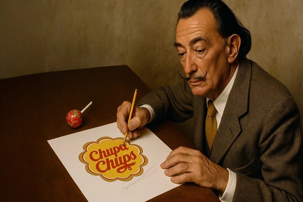 Salvador Dalí diseños de marca: Imagen del icónico logo de Chupa Chups creado por el artista surrealista en 1969, combinando colores vibrantes y un diseño atemporal
