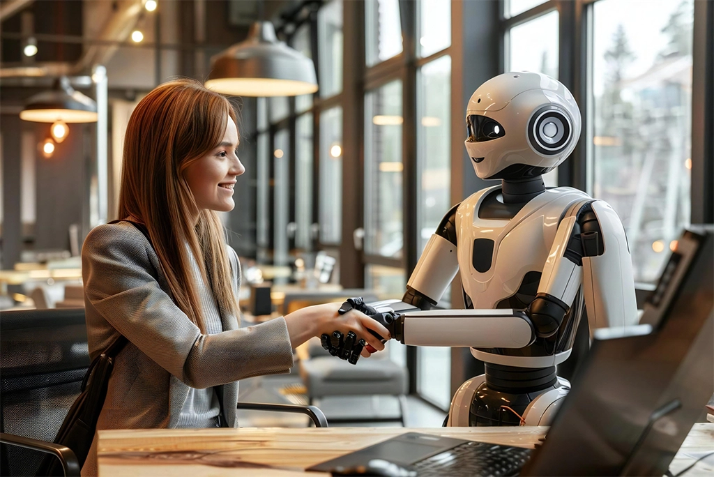 imagen ilustrativa de una joven con un robot IA, simulando la generación de cv con esta tecnología