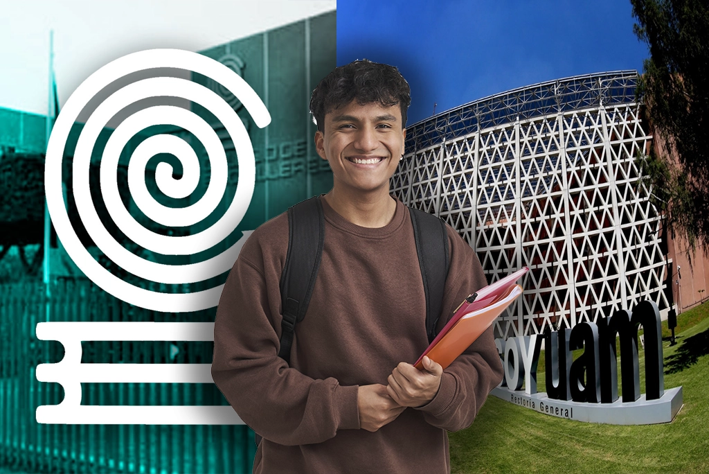 Joven estudiante con fondo del Colegio de Bachilleres y la UAM, sobre el pase reglamentado