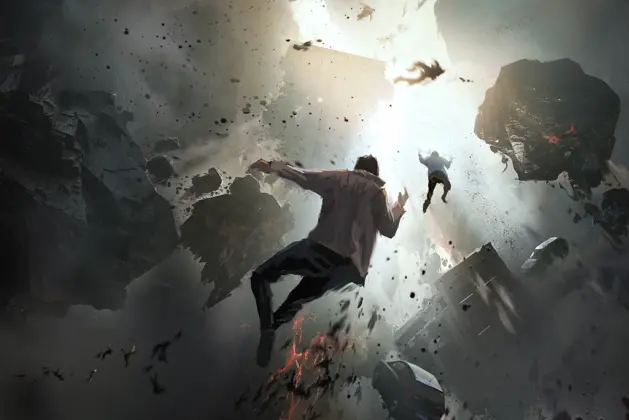Escena surrealista de personas cayendo al vacío entre escombros y edificios destruidos, representando el concepto de soñar caer al vacío.
