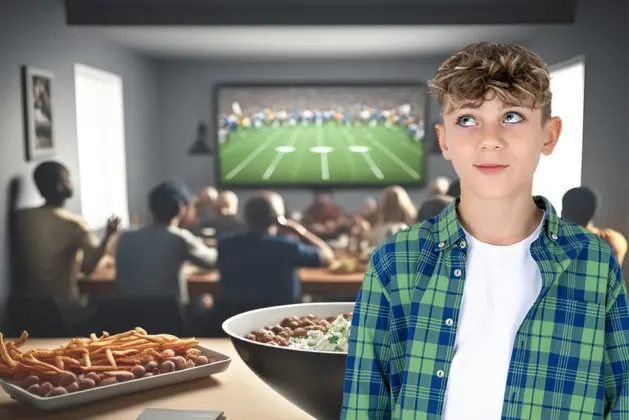 imagen de joven en reunión con amigos aparentando saber datos básicos del super bowl