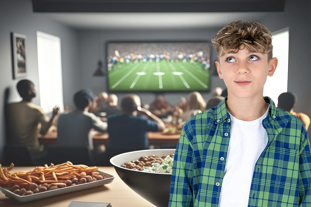 imagen de joven en reunión con amigos aparentando saber datos básicos del super bowl