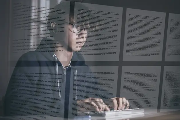 Joven que estudia frente al computador que refleja hojas para estudiar aplicando la técnica Feynman que implica mucho más que memorizar