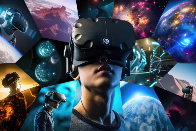 Persona utilizando un visor de realidad virtual rodeada de imágenes relacionadas con el espacio y las tendencias tecnológicas en la educación inmersiva.