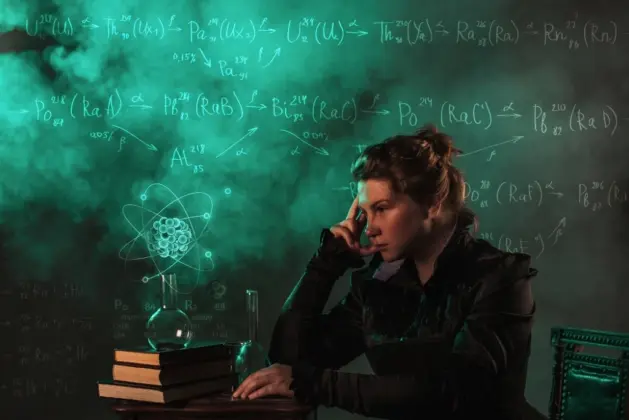 Imagen creada con IA de Marie Curie pensativa y con ecuaciones a su alrededor, siendo una de las personalidades de físicos más importantes de la historia por sus contribuciones a dicha ciencia