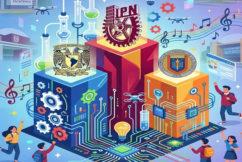 Gráfico del ranking 2026 de universidades con patentes en México con el IPN en primer lugar, rodeado de engranajes, tubos de ensayo y códigos de programación en estilo futurista.