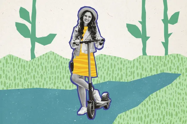 Mujer joven montando un scooter eléctrico en un entorno natural con diseño artístico y colores vibrantes.