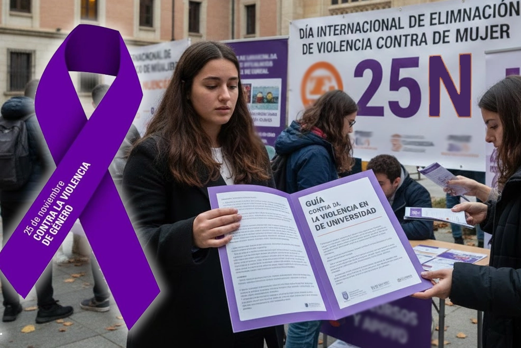 Estudiante joven buscando ayuda y recursos en el Día Internacional de la Eliminación de la Violencia contra la Mujer, 25N, frente a edificios universitarios. Guía contra la violencia en la universidad.