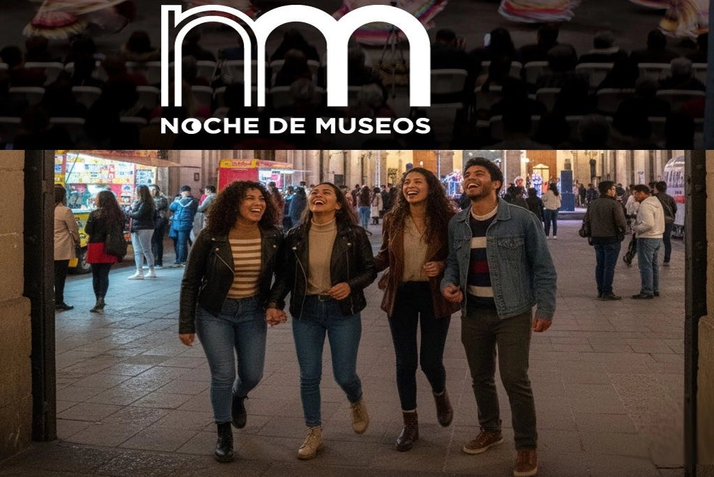 Grupo de amigos jóvenes riendo y entrando a un museo iluminado durante la Noche de Museos en la CDMX, disfrutando de las diversas noche de museos actividades.