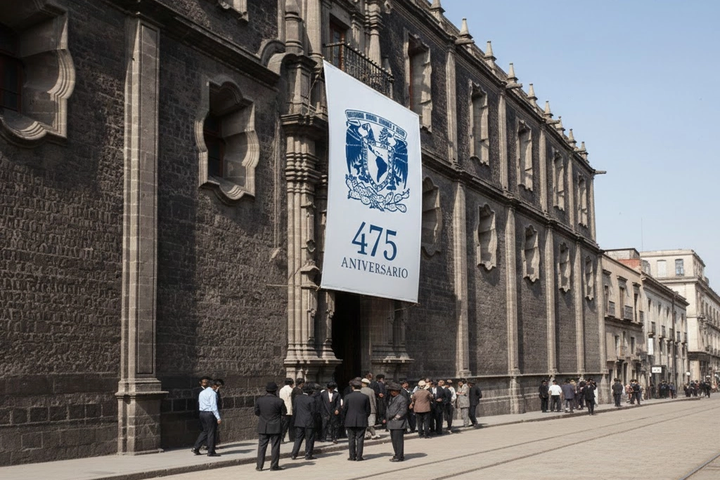 Imagen conmemorativa del 475 aniversario UNAM mostrando el logotipo oficial de la celebración junto a una representación visual del patrimonio histórico de la universidad.