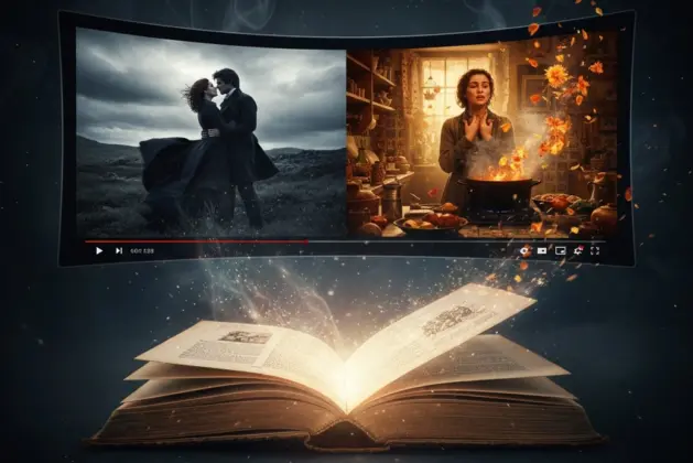 imagen que representa la transición de un libro abierto a una pantalla de cine, mostrando escenas de próximas adaptaciones de libros, películas y series