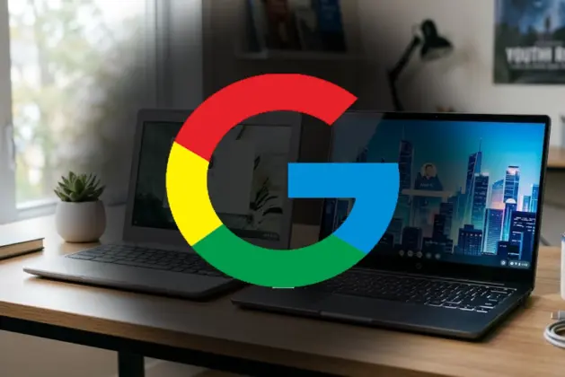 Laptop de Google modelo Googlebook junto a un Chromebook actual, mostrando diseño premium y teclado retroiluminado, representando la evolución de las laptops de Google.