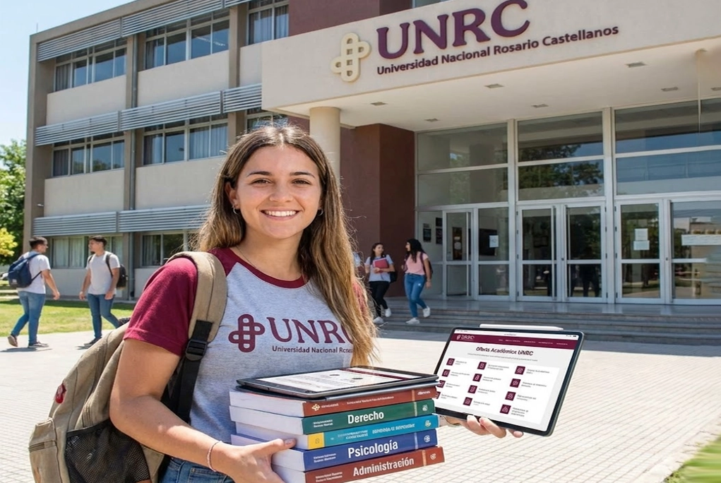 Estudiante sonriente sosteniendo libros y una tablet frente al edificio de la Universidad Rosario Castellanos, representando las diversas carreras de la Universidad Rosario Castellanos.