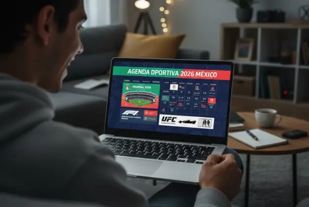 Joven viendo en su laptop con perspectiva al lector la Agenda deportiva 2026 México: Calendario gráfico con los principales eventos como el Mundial de FIFA, Gran Premio de F1 y UFC en Ciudad de México.