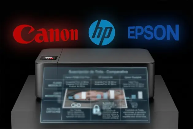 Comparativa visual de modelos de suscripción impresoras de HP, Canon y Epson mostrando planes mensuales y bloqueo de cartuchos.