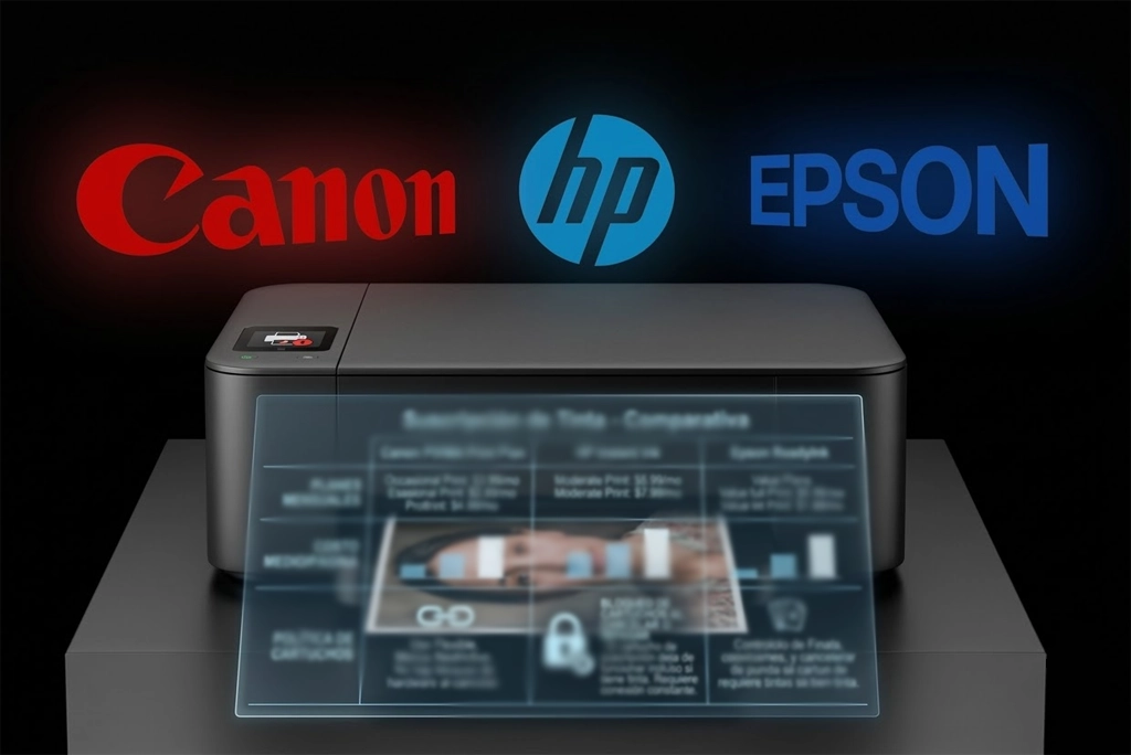 Comparativa visual de modelos de suscripción impresoras de HP, Canon y Epson mostrando planes mensuales y bloqueo de cartuchos.
