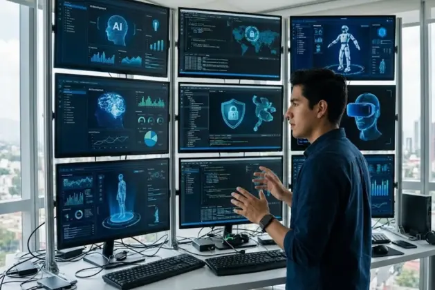 Joven mexicano frente a múltiples pantallas, simbolizando la adquisición de habilidades de alfabetización digital útiles para el futuro laboral con las llamadas "carreras del futuro"