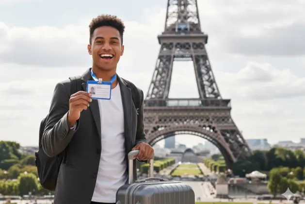 Joven diverso con maleta y credencial sonriendo frente a la Torre Eiffel, representando la oportunidad de ganar la beca cumbre juventud 2026 para viajar a París.