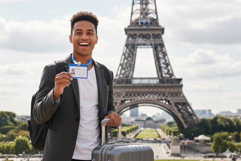 Joven diverso con maleta y credencial sonriendo frente a la Torre Eiffel, representando la oportunidad de ganar la beca cumbre juventud 2026 para viajar a París.
