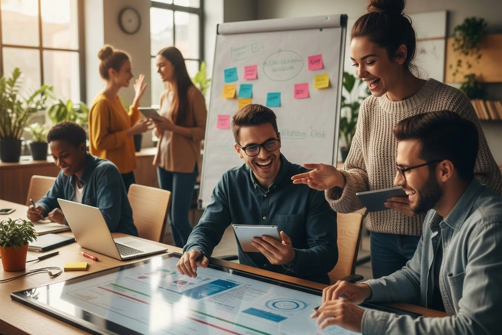 Jóvenes profesionales y estudiantes colaborando alegremente en un proyecto común, representando visualmente el concepto de cómo trabajar en equipo de manera efectiva y positiva.