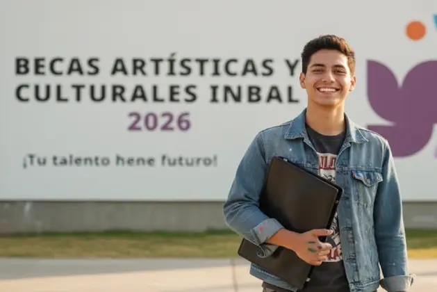 Joven estudiante de arte sonriente sosteniendo un portafolio, representando la oportunidad de las becas artísticas INBAL 2026 para estudiantes mexicanos.