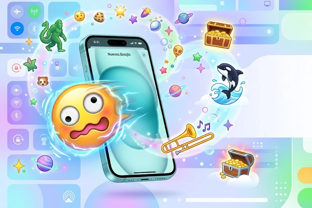 Colección de los nuevos emojis Apple 2026 incluyendo el viral rostro distorsionado, cofre del tesoro y bailarines de ballet en diseño colorido.