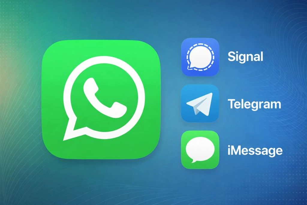 crea una imagen de whatsapp (logo) como centro, y al lado de comparativa de logos de apps alternativas a WhatsApp como Signal, Telegram y iMessage, sobre un fondo moderno.
