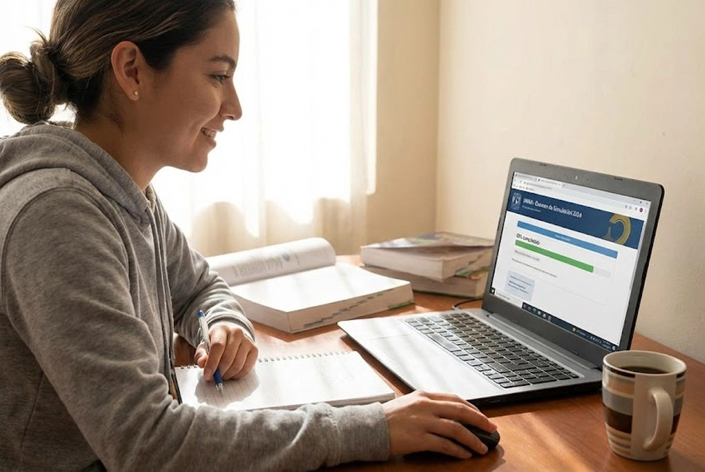 Joven estudiante practicando con un examen de simulación UNAM en su computadora, mostrando confianza y preparación para el ingreso a la universidad.