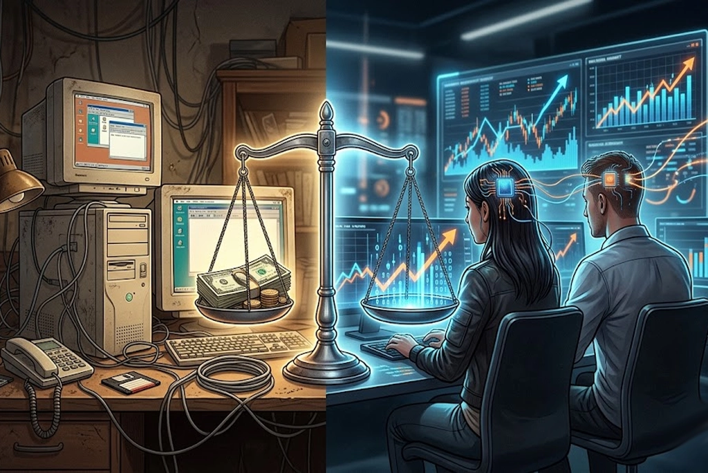 comparativa del impacto de la inteligencia artificial en la economía frente al auge de internet: gráficos de monopolios, empleos en transformación y flujo de dinero hacia 5 grandes empresas tecnológicas